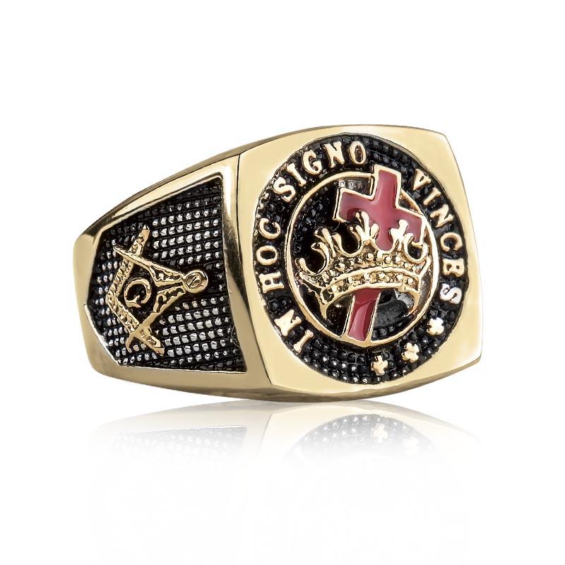 Masonic Ring crafted from stainless steel with gold plating, featuring detailed Masonic symbols including a crown, cross, and square and compasses design for male jewelry collectors.