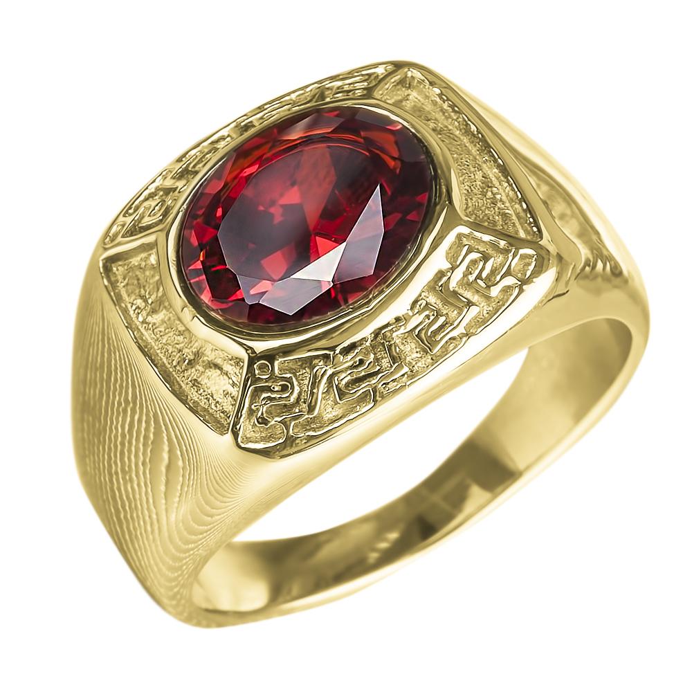 Inferno Men's Ring with a bold red gemstone set in gold-plated stainless steel, featuring intricate detailed engravings for a distinguished jewelry statement.