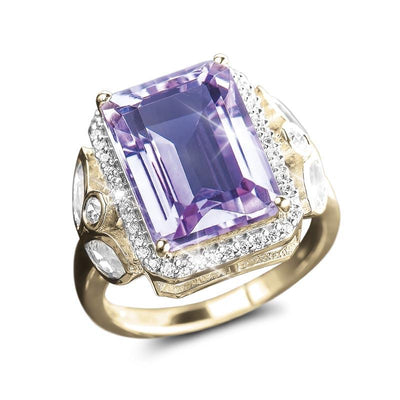 Rose De France Ring featuring a large rectangular purple gemstone set in sterling silver with gold plating, accented by small clear stones, designed for female jewelry collectors.
