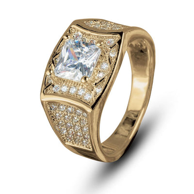 Gallant Pinky Ring in sterling silver with gold plating, featuring a large square clear stone surrounded by smaller sparkling stones, designed for men’s jewelry.