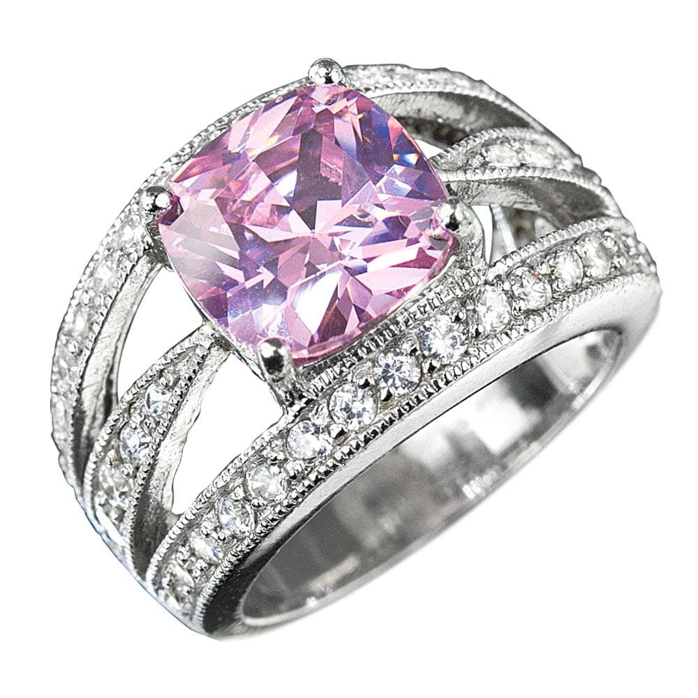 Padua Ring featuring a large cushion-cut pink gemstone set in sterling silver with intricate detailing and multiple small clear stones, designed for women’s jewelry.