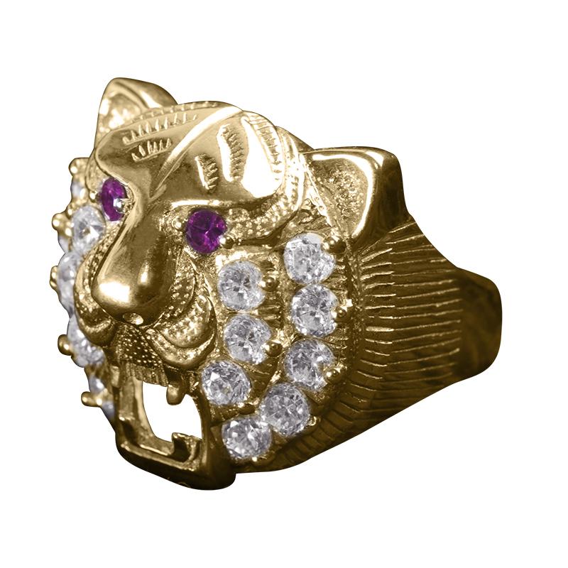 Leon Ring crafted in sterling silver with gold plating, featuring a detailed lion head design accented by clear and purple gemstones, perfect men's jewelry ring.