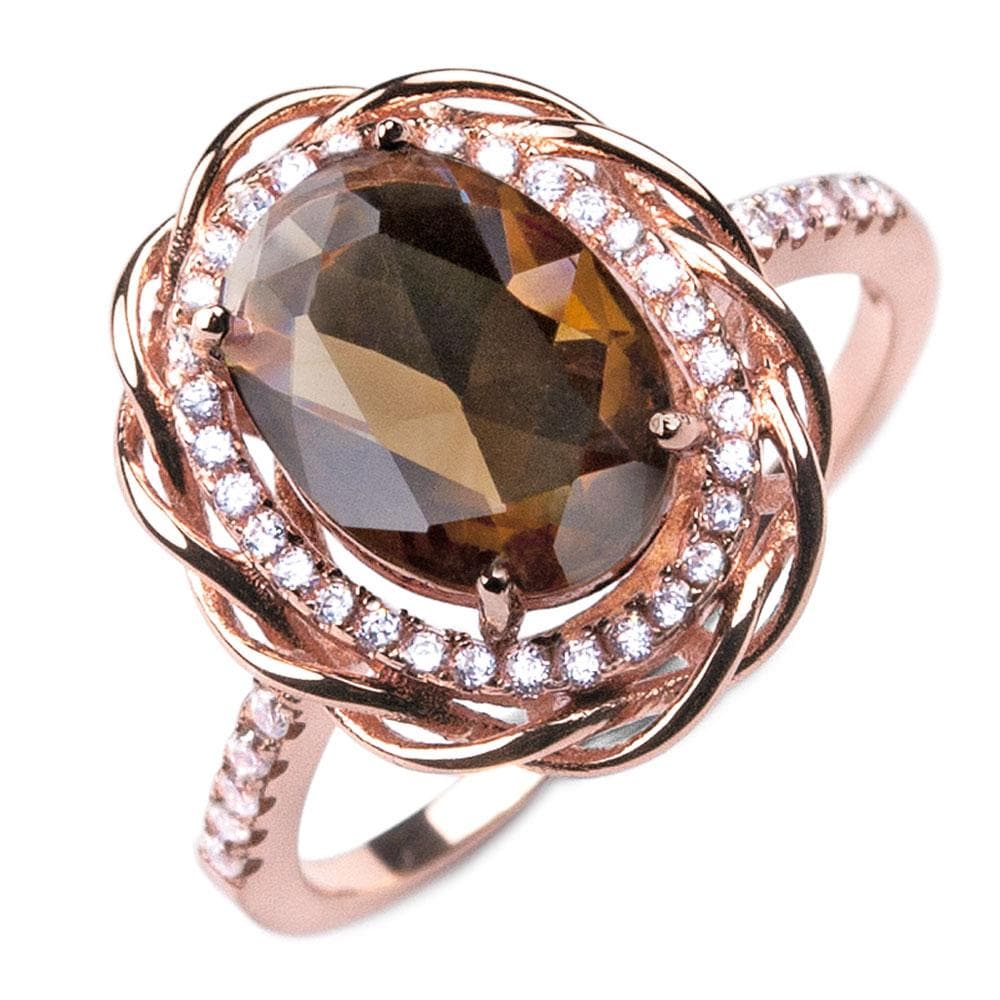 Versa Mocha Ring featuring a large mocha-colored gemstone set in sterling silver with rose gold plating and surrounded by sparkling clear stones, designed for women’s jewelry.