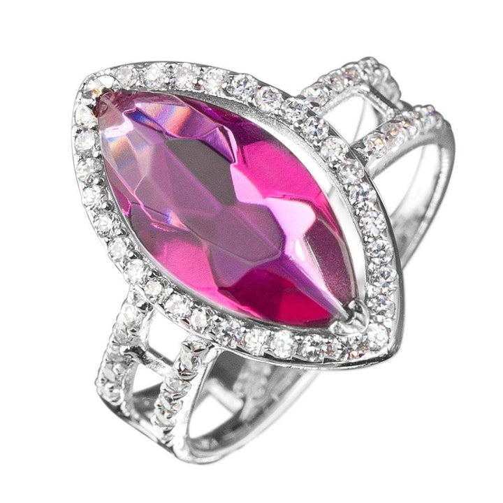 Riva Ring featuring a sterling silver band with rhodium plating, showcasing a marquise-cut pink gemstone surrounded by sparkling clear stones, designed for women’s jewelry.
