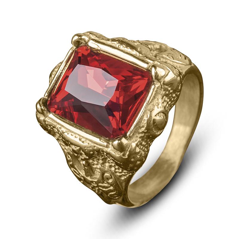 Red Rock Ring featuring a bold, rectangular red stone set in a textured gold plated stainless steel band designed for men, perfect jewelry statement piece.