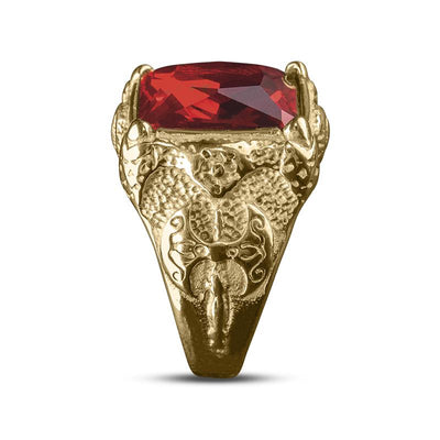 Red Rock Ring featuring a gold-plated stainless steel band with intricate textured detailing, showcasing a bold rectangular red gemstone designed for male jewelry collectors.