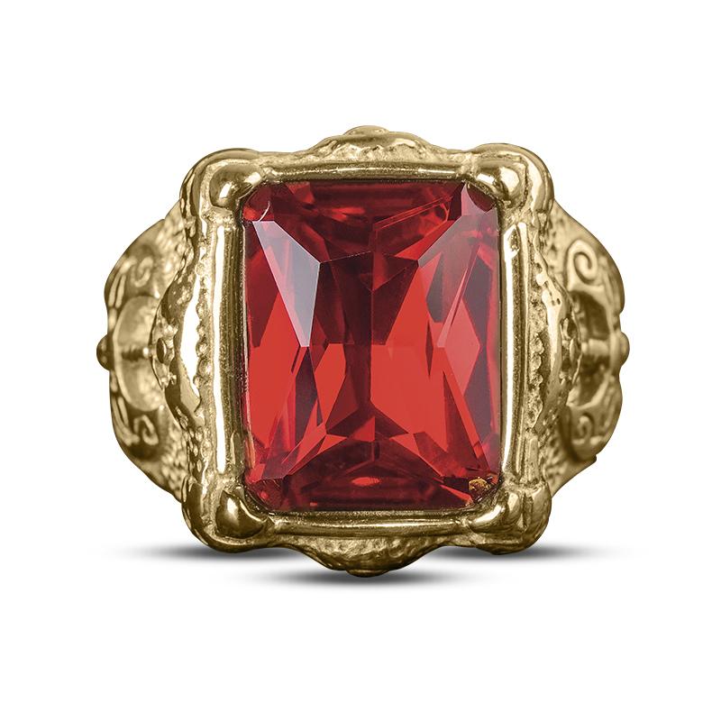 Red Rock Ring featuring a bold rectangular red gemstone set in a gold-plated stainless steel band designed for men, showcasing intricate detailing and craftsmanship.