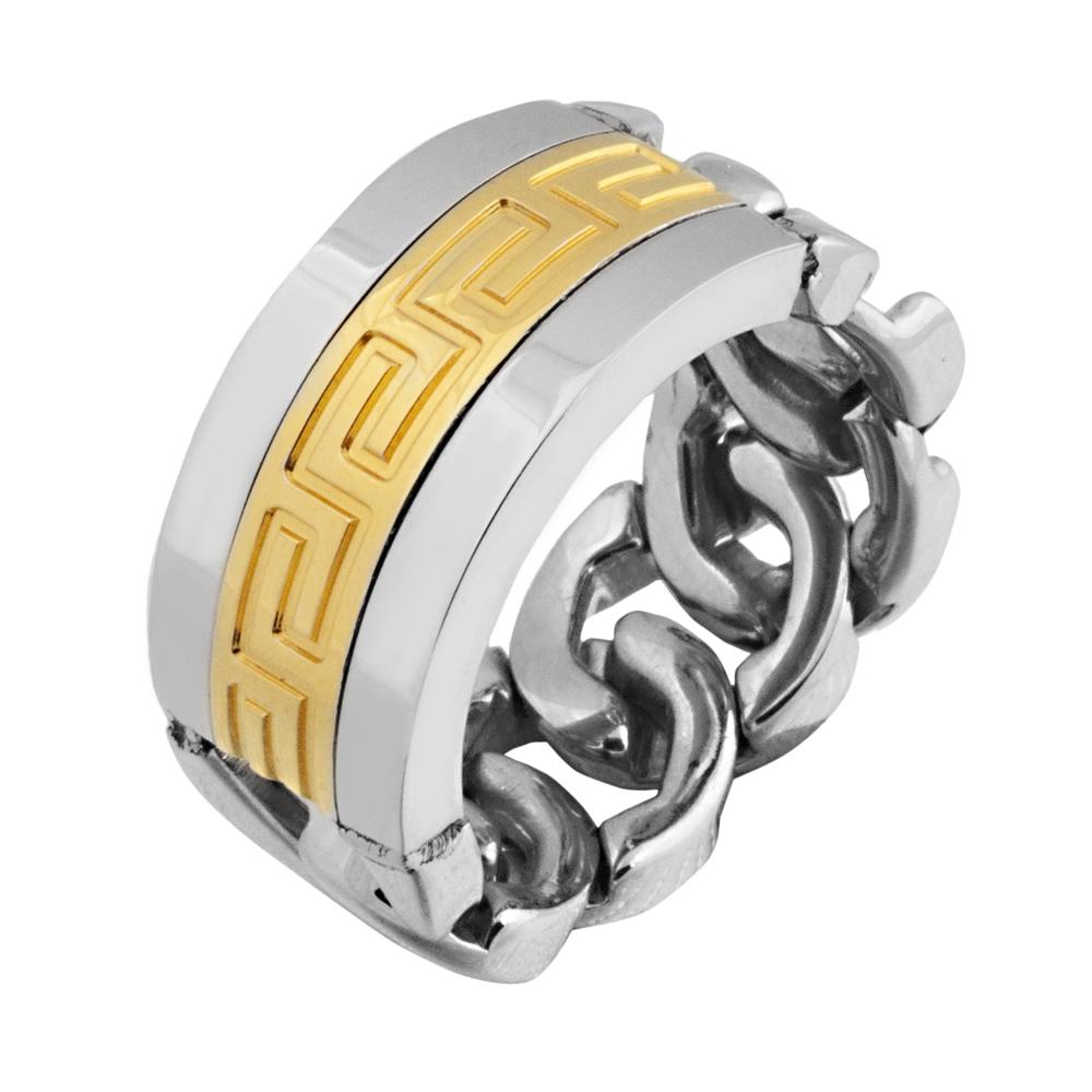 Meander Men's Chain Ring featuring a two-tone stainless steel design with a bold, intricate chain link pattern and gold-toned decorative detailing for a modern masculine look.