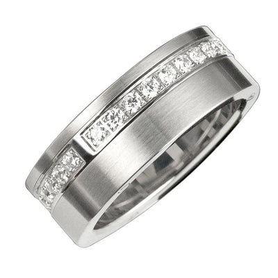 Men's Sentinel Ring crafted from sterling silver featuring a modern design with a row of sparkling clear stones embedded along the band, perfect men's jewelry ring.