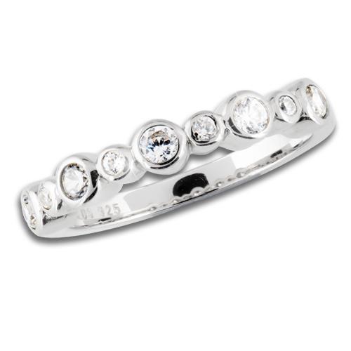 Sterling silver women's ring featuring a row of graduated round clear stones, designed as the Manhattan Stacker D for elegant jewelry collections.