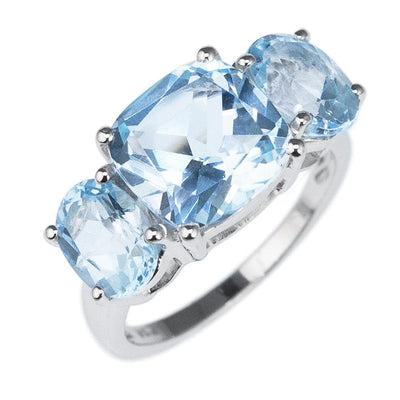 Sky Topaz Ring featuring a sterling silver band with three sparkling light blue sky topaz gemstones, designed for a female, elegant jewelry piece.