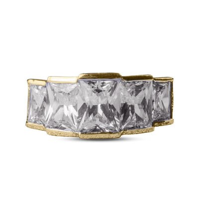 Close-up of a Sterling Silver Infinity Half Eternity Ring plated in gold featuring large square-cut sparkling stones designed for women’s jewelry collection.
