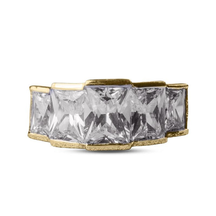 Close-up of a Sterling Silver Infinity Half Eternity Ring plated in gold featuring large square-cut sparkling stones designed for women’s jewelry collection.