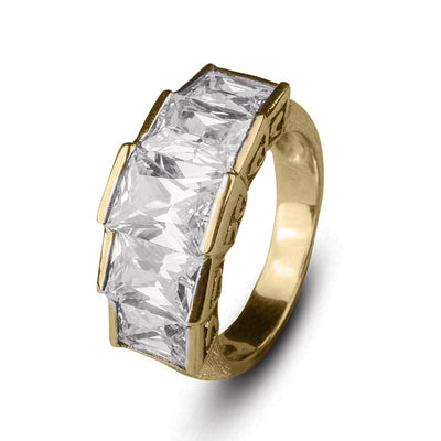 Infinity Half Eternity Ring featuring sterling silver with gold plating and large rectangular clear stones, designed for female jewelry collectors and ring enthusiasts.