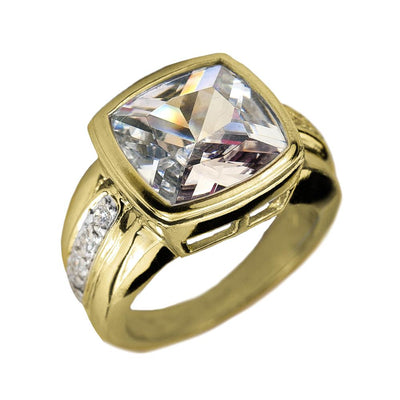 Hercules Ring featuring a gold plated stainless steel band with a large square clear gemstone centerpiece and small accent stones along the sides, designed for men’s jewelry.