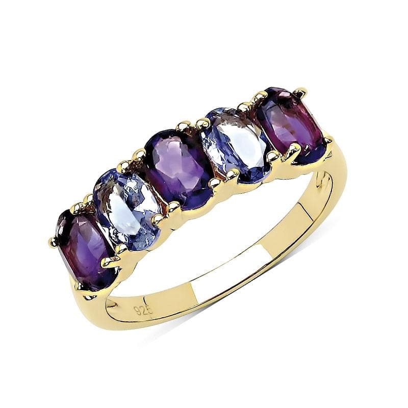 Dafina Tanzanite Ring featuring alternating purple and blue tanzanite gemstones set in a gold-plated sterling silver band designed for women’s jewelry.