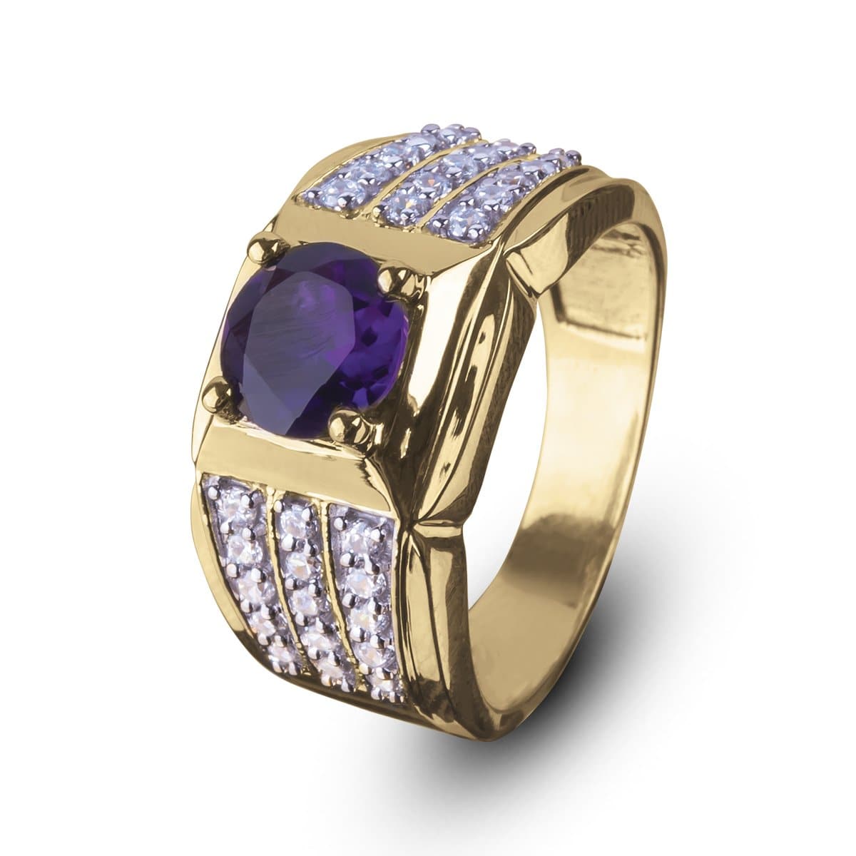 Carter Amethyst Ring featuring a bold amethyst center stone set in sterling silver with gold plating, designed for men with intricate accent detailing and a polished finish.