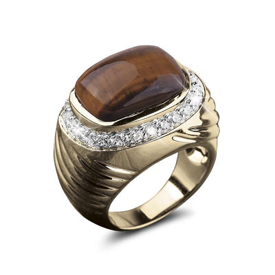 Cougar Tigers Eye Ring featuring a polished Tigers Eye gemstone set in a gold plated sterling silver band with decorative accents, designed for men’s jewelry.