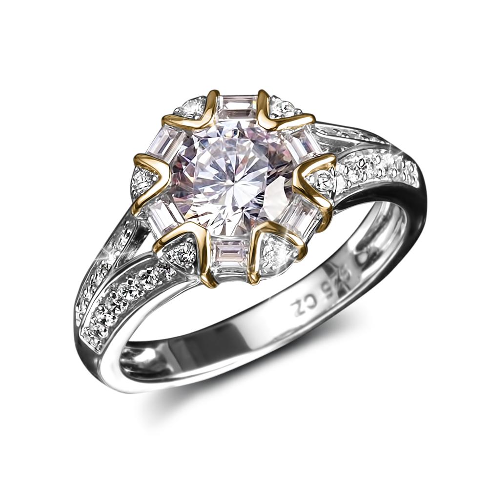 Ravella Ring featuring a sterling silver two-tone design with a central sparkling round gemstone surrounded by baguette and small round accents, elegant female jewelry ring.