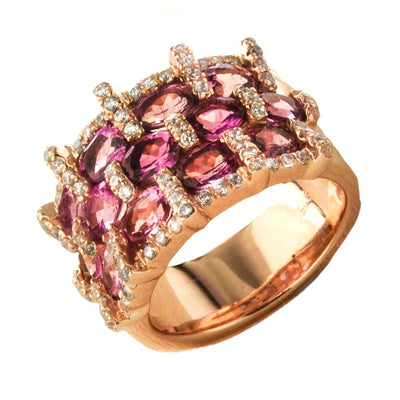Rosanna Ring featuring rose gold plating over sterling silver, adorned with multiple pink gemstones and sparkling accents, designed for women’s fine jewelry collection.