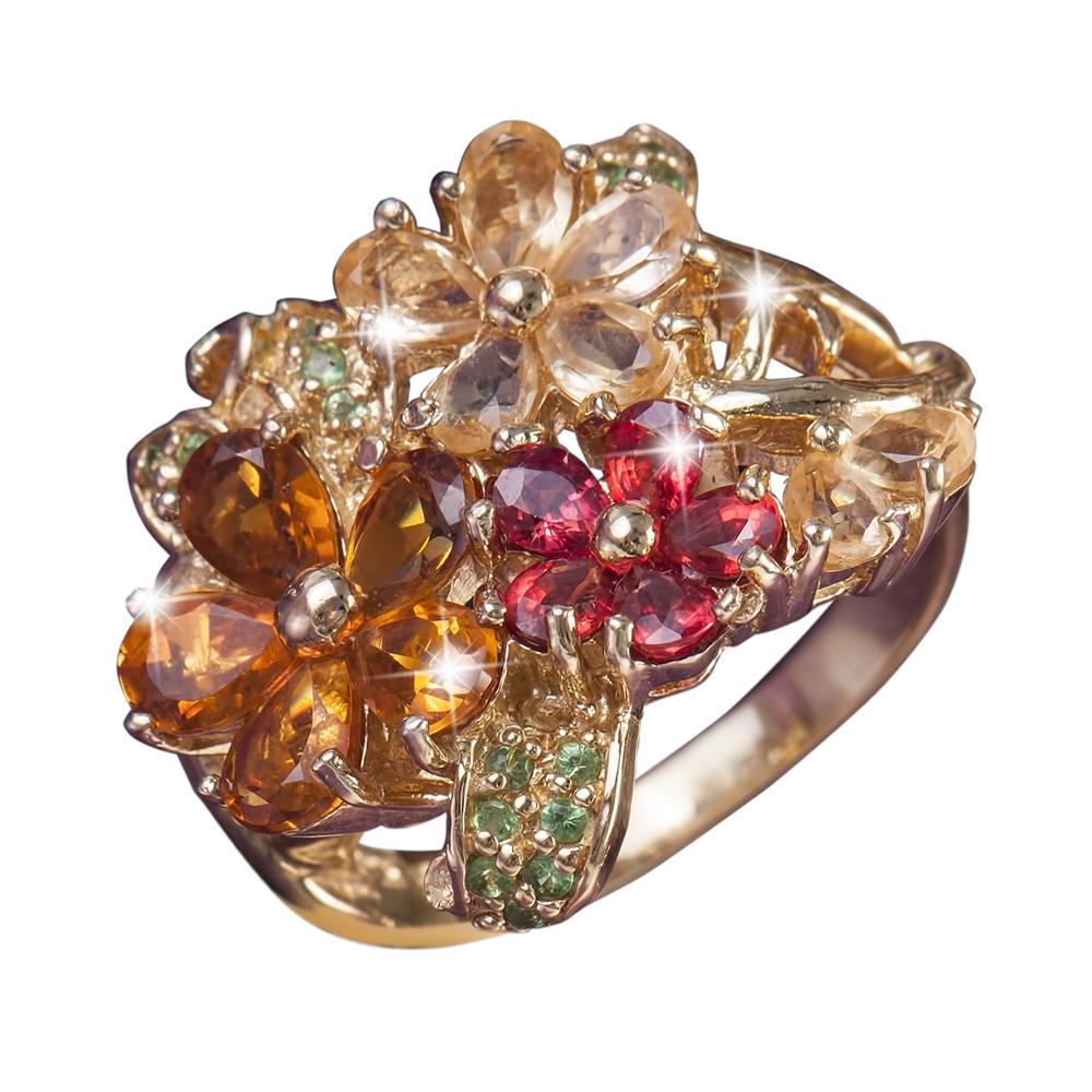 Golden Corsage Ring featuring a sterling silver base plated in gold, adorned with intricate flower designs in amber, red, and light peach tones, accented with small green gemstones.
