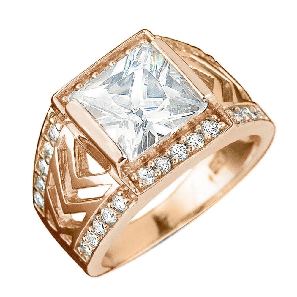 Hamilton Rose Gold Ring crafted from sterling silver with rose gold plating, featuring a large square clear stone and smaller accent stones along the band, designed for men’s jewelry.