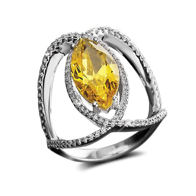 Curvela Marquise Ring featuring a marquise-cut yellow gemstone set in sterling silver with rhodium plating, designed for female jewelry enthusiasts seeking elegance.