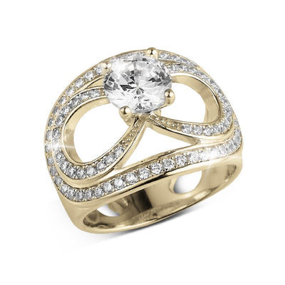 Infinity Solitaire Ring featuring a sterling silver band with gold plating, adorned with a large round solitaire crystal and accented with smaller crystals for elegant sparkle.