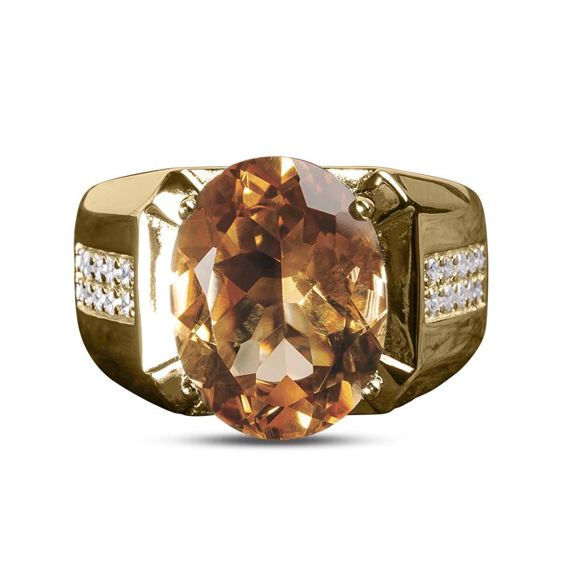 Riotous Rush Ring featuring a large oval amber gemstone set in sterling silver with intricate detailing and small clear stones on the band, designed for men’s jewelry.