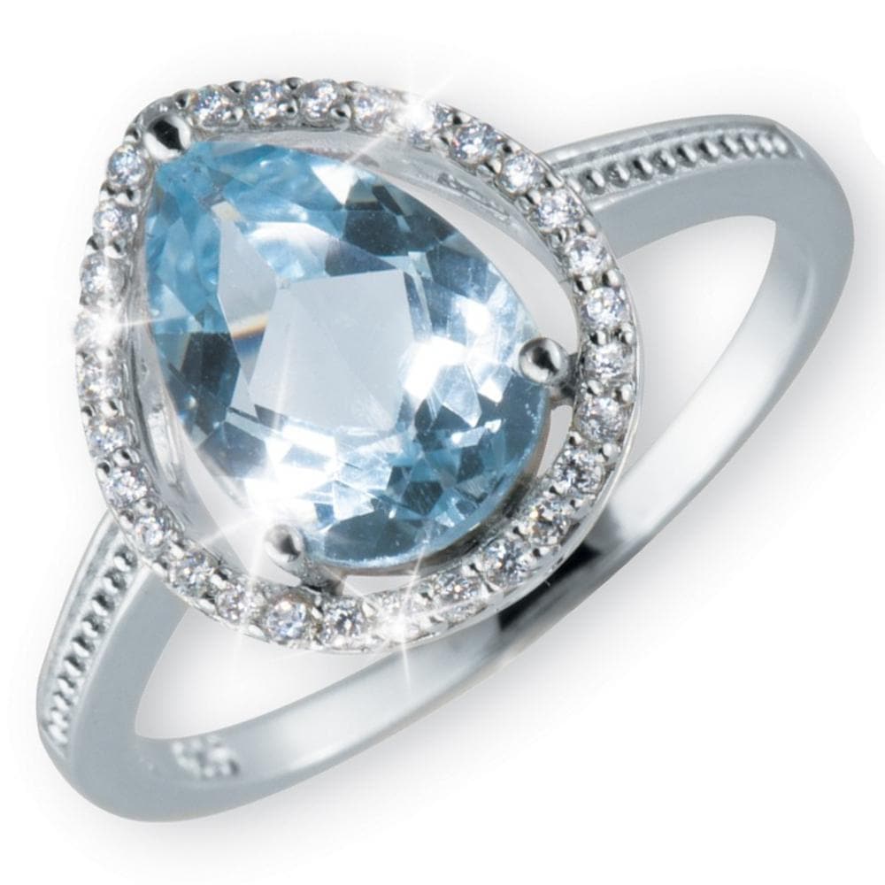 Topaz Pear Cut Ring featuring a sparkling pear-shaped blue topaz gemstone set in sterling silver with a delicate halo of clear stones, designed for women.