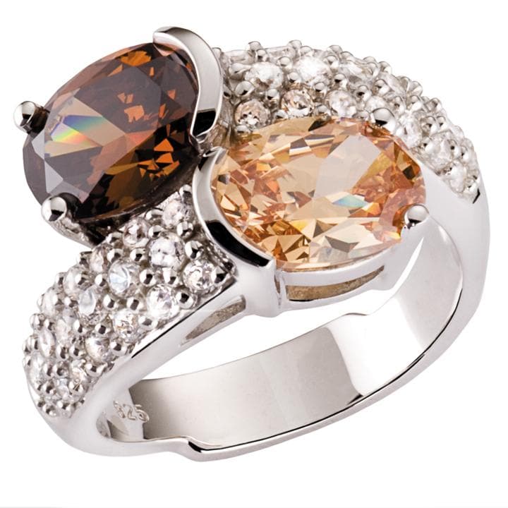 Close-up of DS You And Me Ring for female, crafted in sterling silver with two large oval gemstones in brown and champagne tones, surrounded by smaller sparkling clear stones.